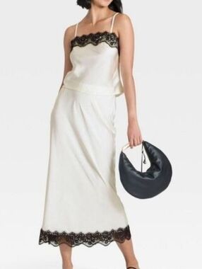 NWT A New Day Women's Satin Slip Midi Skirt with Black Lace Trim Size Small